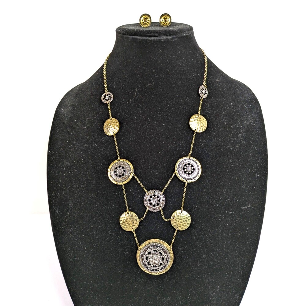 Mixed Metal Boho Medallion Statement Necklace & Stud Earring Set | Gold & Silver